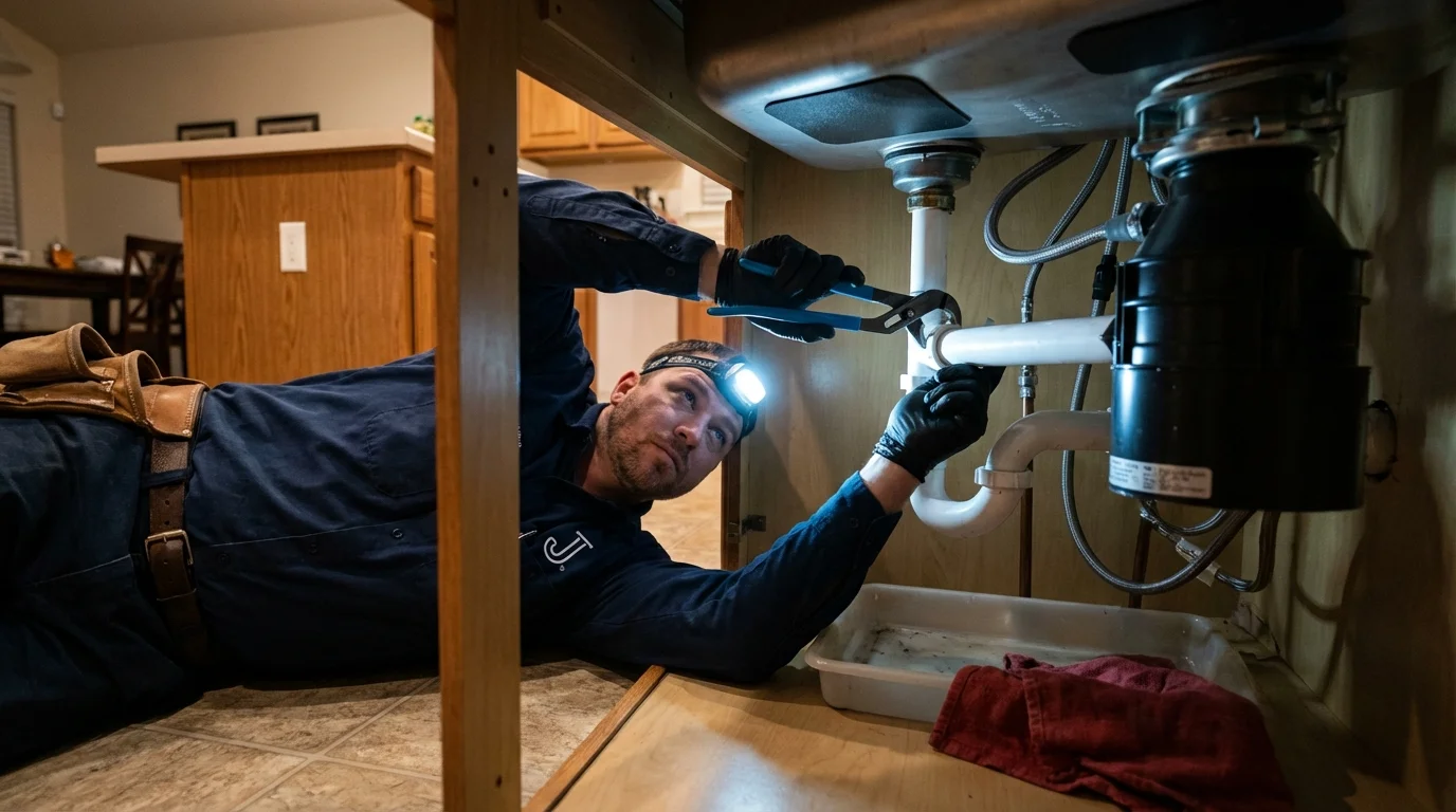 P-trap and supply line connections under a kitchen sink showing a common leak point in Fairview, NJ
